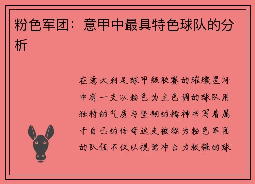 粉色军团：意甲中最具特色球队的分析