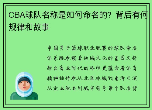 CBA球队名称是如何命名的？背后有何规律和故事
