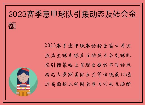 2023赛季意甲球队引援动态及转会金额