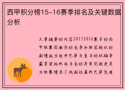 西甲积分榜15-16赛季排名及关键数据分析